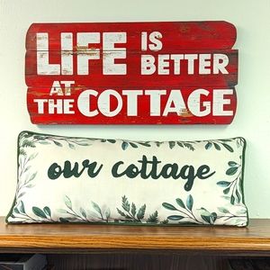 Cottage Decor PAIR Long Cushion and Wooden Sign. Life is Better at the Cottage